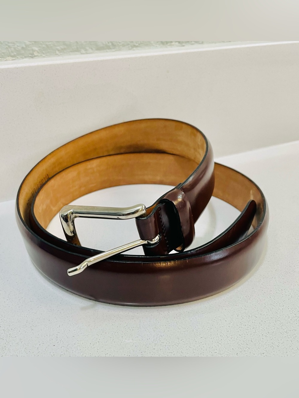 Mezlan Men's Brown Leather Dress Belt - with a solid brass buckle made in Italy